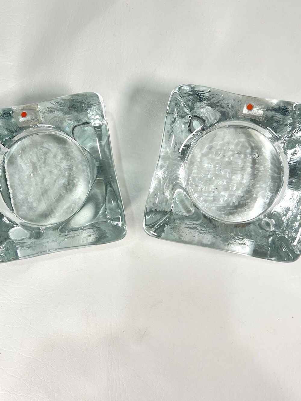Blenko Handmade Art Glass Candle Holders Set of 2 Clear Textured Square w/ Tags